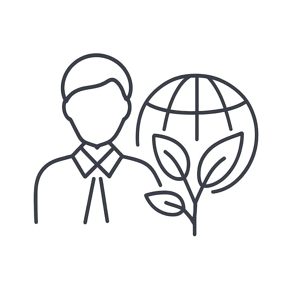 The alt text for the image reads: 'A simple outline of a business person holding up a plant and the globe representing the...